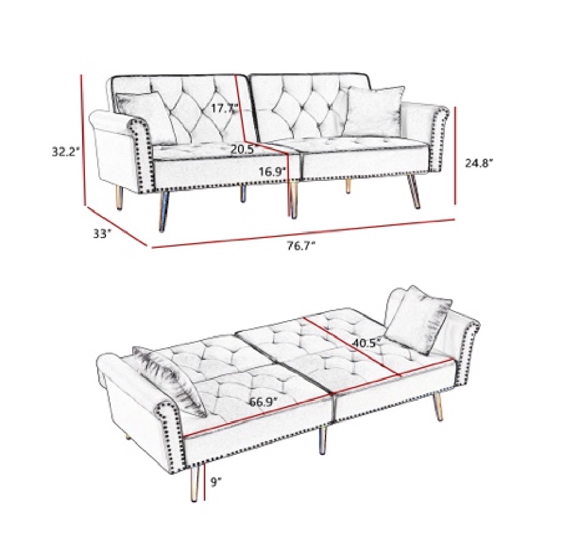 AH-0204 Sofá cama tipo futón reclinable con detalles de remaches y mechones de diamantes